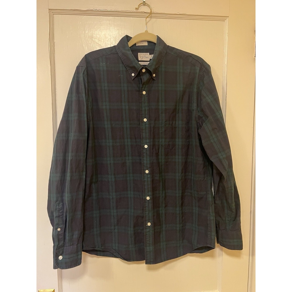 J.Crew Cotton Poplin Button Long Sleeve Shirt Medium Slim Green Tartan Preppy